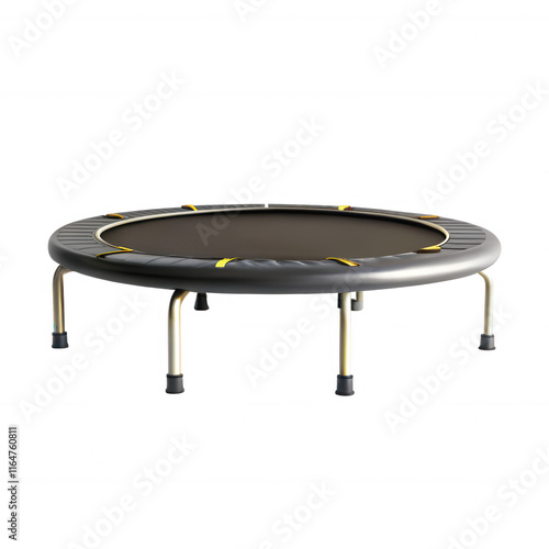 A round trampoline with a sturdy frame, designed for fitness and recreational jumping, showcasing a sleek black surface.