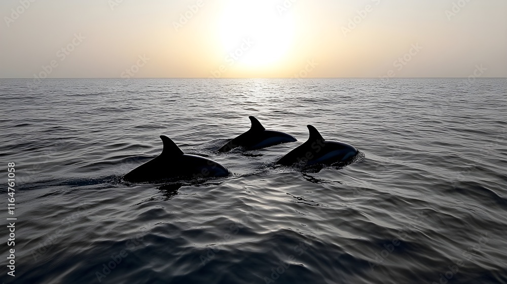 Fototapeta premium Three dolphins swimming gracefully at sunset, their silhouettes reflecting on the calm ocean waters, evoking serenity and harmony with nature during a golden evening horizon
