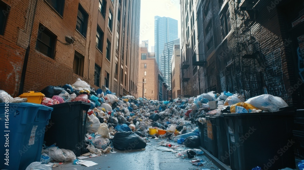 Overflowing Trash Bags in City Alley with Bright Sunlight Overflowing Trash Bags in City Alley with Bright Sunlight