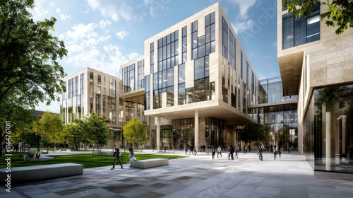 Massing, Modern architectural complex featuring elegant buildings, lush greenery, and bustling activity, set against a bright, clear sky.