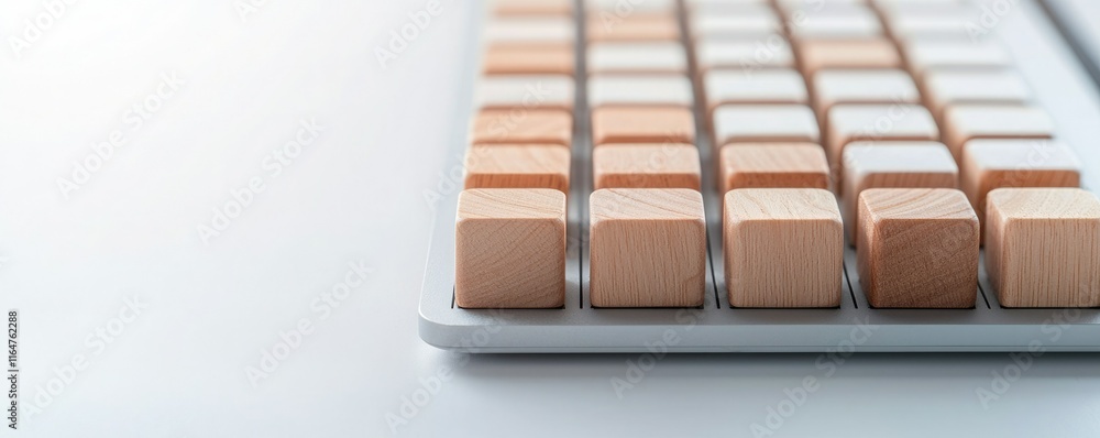 A close-up of a modern keyboard featuring unique wooden keycaps, blending technology with a natural aesthetic. A close-up of a modern keyboard featuring unique wooden keycaps, blending technology with a natural aesthetic.