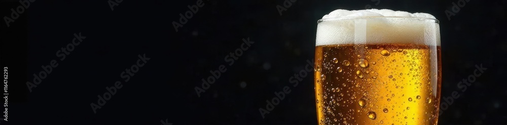 Glass of cold beer on black background with condensation, beverage, dark background, refreshment Glass of cold beer on black background with condensation, beverage, dark background, refreshment