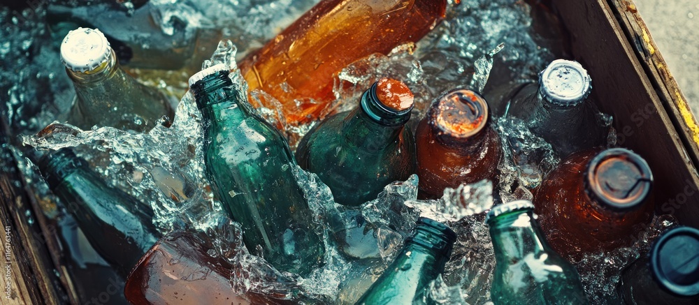 Smashed glass beverage bottles in a crate, with liquid pooling at the bottom Smashed glass beverage bottles in a crate, with liquid pooling at the bottom