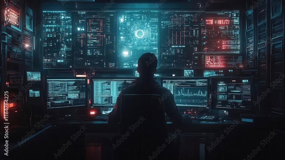 Cybersecurity system in action, glowing firewalls, encrypted data streams, dark futuristic control room, security personnel monitoring Cybersecurity system in action, glowing firewalls, encrypted data streams, dark futuristic control room, security personnel monitoring