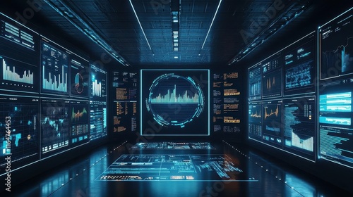 Wallpaper Mural Data analytics dashboard, charts, graphs, real-time data flowing, business intelligence insights, futuristic office environment Torontodigital.ca