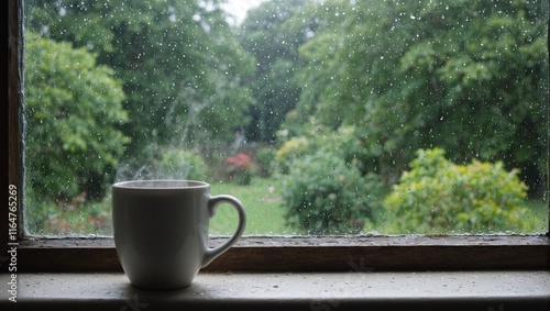 Cozy coffee cup on rain soaked windowsill garden view blurred by droplets photo