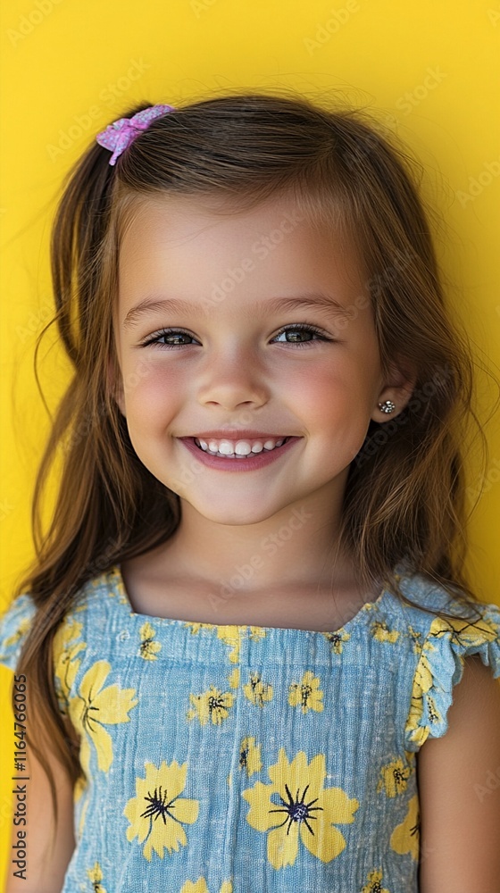 Portrait of a cheerful young child with a bright genuine smile wearing a blue floral summer dress against vibrant yellow background, showcasing pure joy and innocence in childhood. Portrait of a cheerful young child with a bright genuine smile wearing a blue floral summer dress against vibrant yellow background, showcasing pure joy and innocence in childhood.