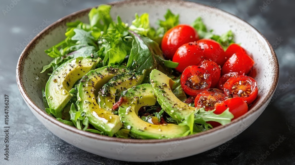 Salad bowl with fresh greens, avocado, cherry tomatoes, and vinaigrette, vibrant and healthy, minimalist presentation, white ceramic bowl Salad bowl with fresh greens, avocado, cherry tomatoes, and vinaigrette, vibrant and healthy, minimalist presentation, white ceramic bowl