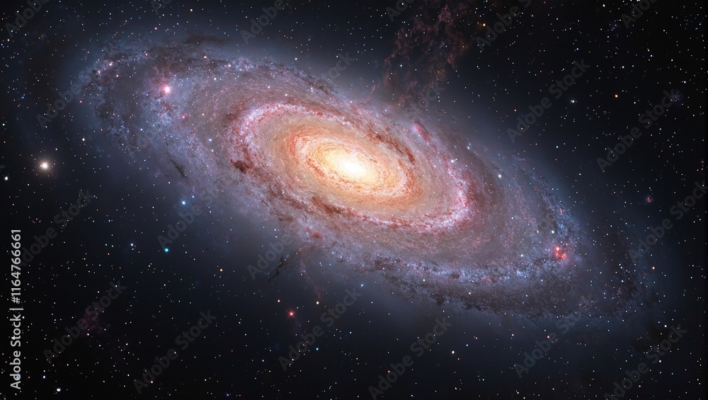 Fototapeta premium Colorful spiral galaxy with pink blue and gold arms in starry deep space
