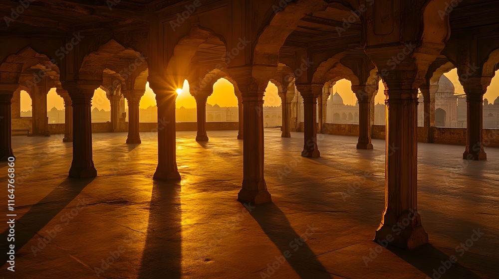 Fototapeta premium Majestic Sunset Illuminating Architectural Arches in Ancient Indo-Islamic Structure with Long Shadows and Warm Golden Hues