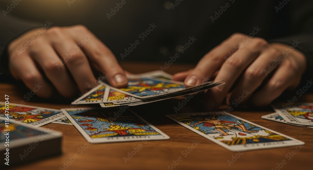 Mystical tarot card reading session with hands spreading cards on wooden table Mystical tarot card reading session with hands spreading cards on wooden table