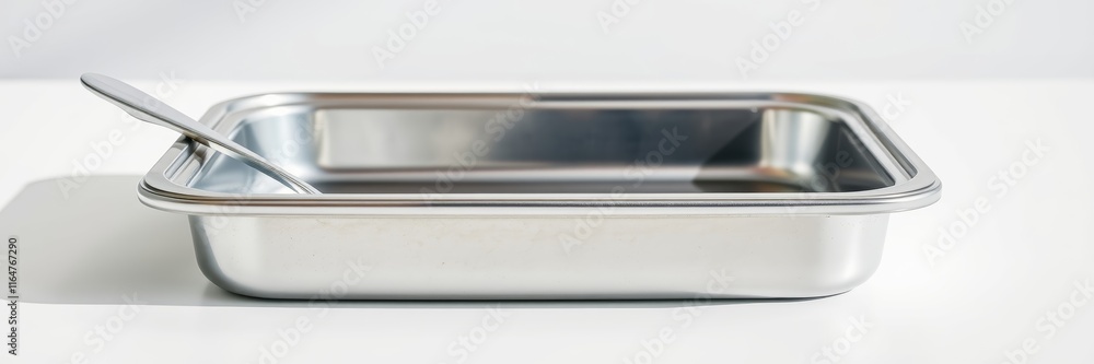 Empty stainless steel food container with a shiny finish reflecting a bright environment representing community service and volunteering Empty stainless steel food container with a shiny finish reflecting a bright environment representing community service and volunteering