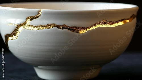 Unique handcrafted ceramic bowl featuring artistic kintsugi repair with gold accents, ideal for home decor or collection