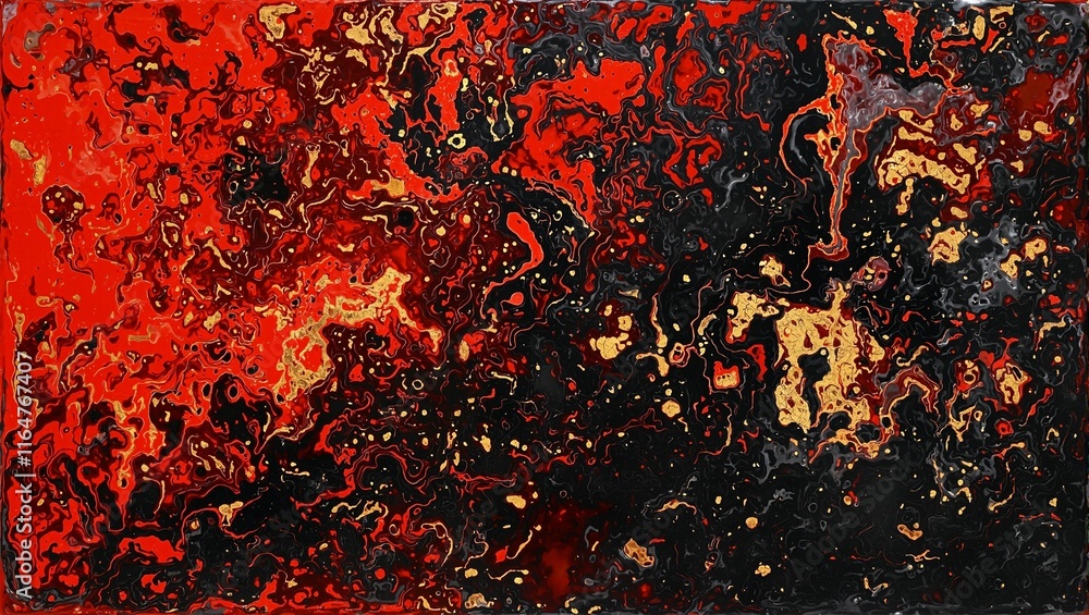 Vibrant red and black liquid inks with gold accents blending on canvas Vibrant red and black liquid inks with gold accents blending on canvas