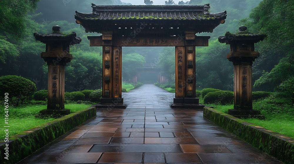 Obraz premium Ancient Wooden Gate Leads To Misty Temple Path