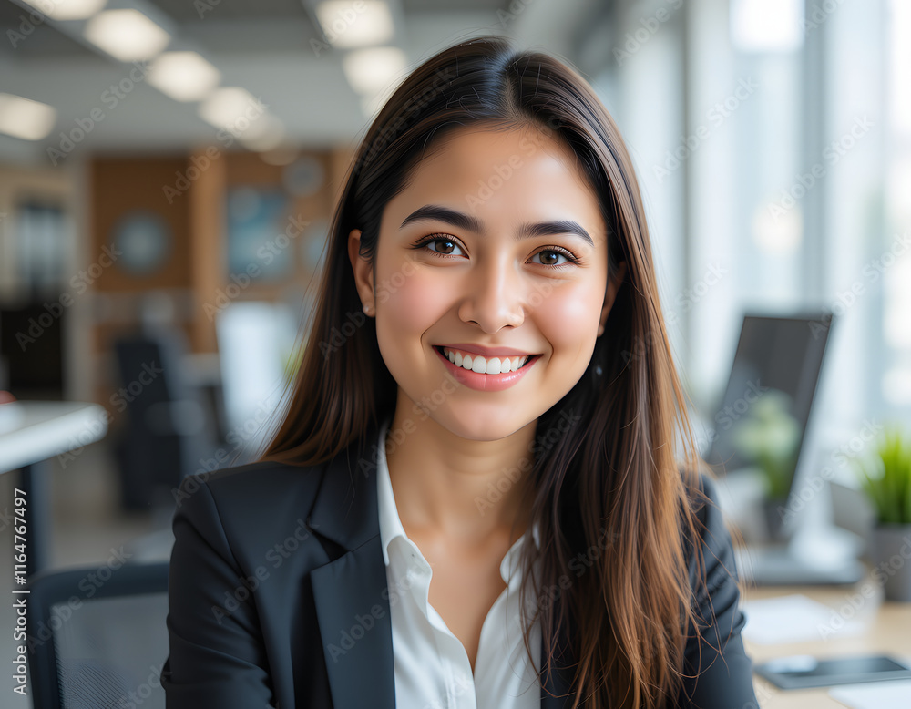 Headshot close up face portrait of young happy smiling Hispanic businesswoman, female company worker or corporate manager, confident business woman entrepreneur looking at camera at work in office Headshot close up face portrait of young happy smiling Hispanic businesswoman, female company worker or corporate manager, confident business woman entrepreneur looking at camera at work in office