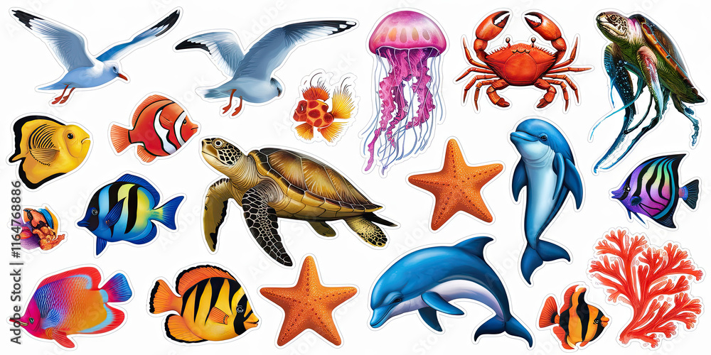 Fototapeta premium Colorful Ocean Animals Sea Life Stickers Dolphins Fish Turtles Jellyfish Crab