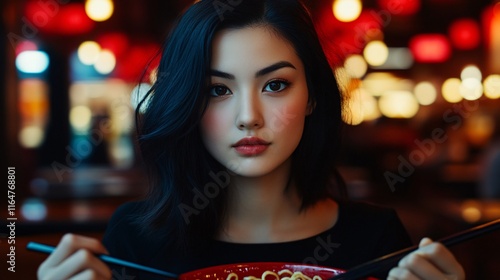 The woman eating ramen with chopsticks photo