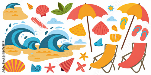 Summer Beach Vacation Ocean Waves Shells Sun Chairs Umbrella