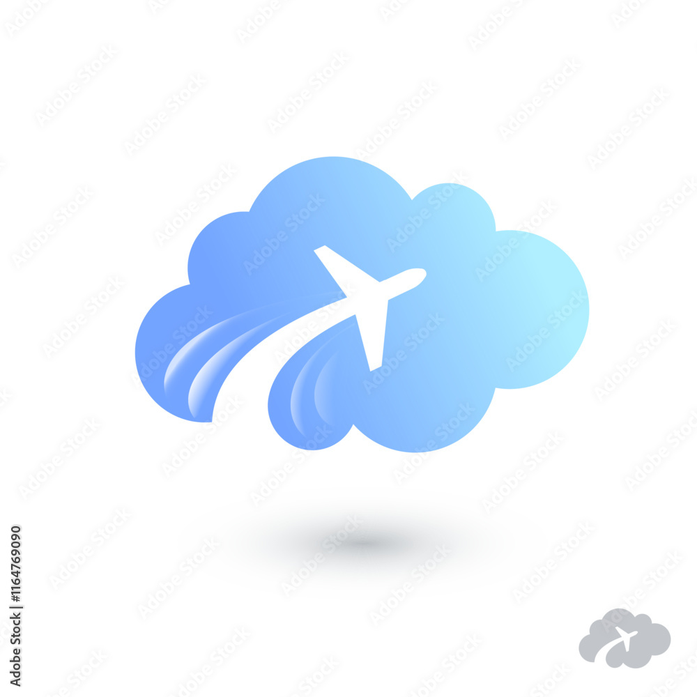 Cloud with airplane silhouette. Application icon. Web icon. Cloud with airplane silhouette. Application icon. Web icon.