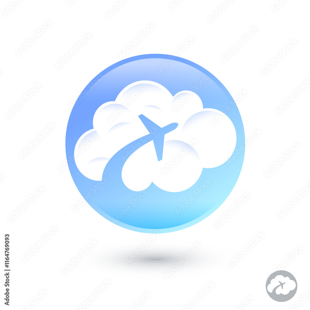 Cloud with airplane silhouette into circle. Application icon. Web icon. Cloud with airplane silhouette into circle. Application icon. Web icon.
