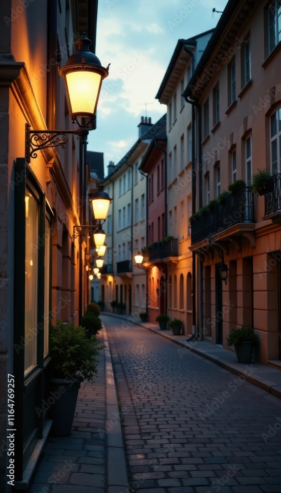 Fototapeta premium Faded sign and vintage lamp post on historic European street at dusk, brick, urban