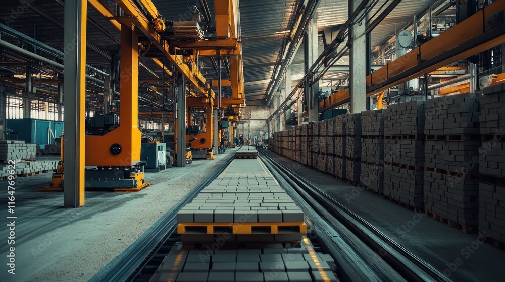 Modern automated brick-making line, sleek machinery and precise movements, Modern automated brick-making line, sleek machinery and precise movements,