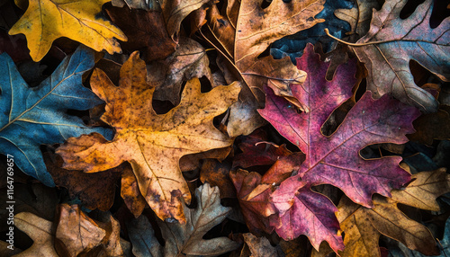 Vibrant collection of autumn oak and maple leaves in a colorful heap photo