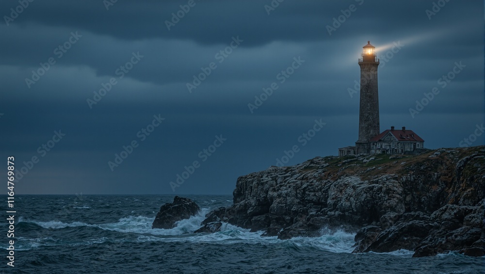 Dramatic old lighthouse on cliff with stormy sky and crashing waves Dramatic old lighthouse on cliff with stormy sky and crashing waves