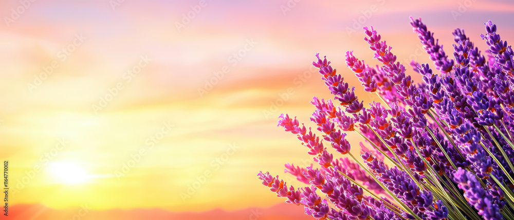 Naklejka premium Lavender field at sunset with vibrant colors and flowers