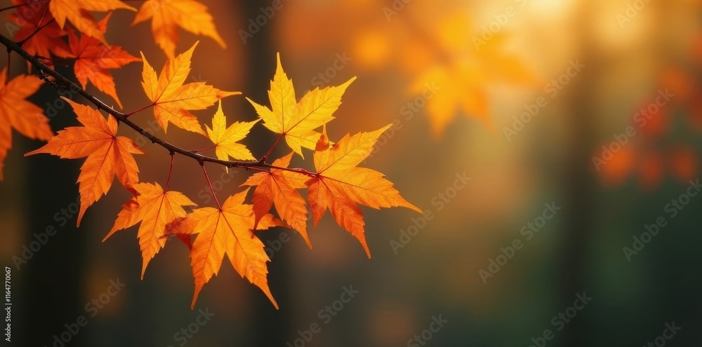 Golden maple leaves cluster on a slender tree branch amidst autumn foliage, orange, golden Golden maple leaves cluster on a slender tree branch amidst autumn foliage, orange, golden