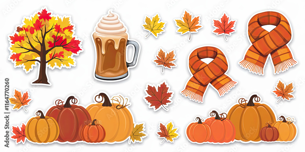 Fototapeta premium Autumn Stickers Pumpkins Tree Scarf Latte Leaves