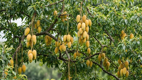 Ripe golden mangoes hanging from tree with green leaves in orchard
