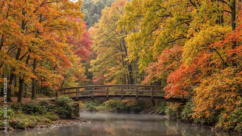 Obraz premium Tranquil autumn river scene with wooden bridge and colorful leaves