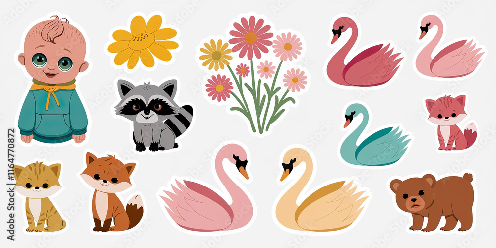 Obraz premium Cute Baby Animals Flowers Stickers Kids Wildlife Nature Design Elements