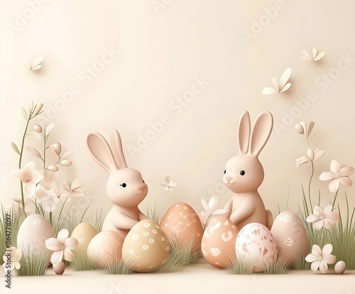 Delicate Easter advertising banner, pastel color scheme, generous top copy space, enriched with playful bunny and egg motifs photo