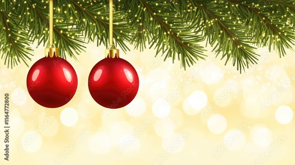 A festive image featuring red ornaments hanging from pine branches against a soft golden background. A festive image featuring red ornaments hanging from pine branches against a soft golden background.