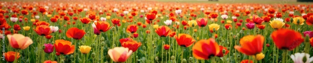 Fototapeta premium Widespread colorful poppy field with various flower types, flowers, summer