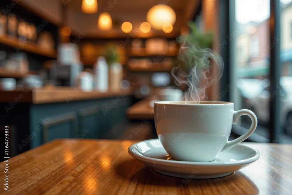 Close-up of steaming cup with wooden tabletop and blurred cafe scene, ambiance, blur Close-up of steaming cup with wooden tabletop and blurred cafe scene, ambiance, blur