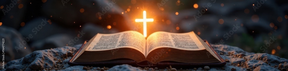 Ancient bible open to glowing cross, ethereal light, ascension, grace, trinity Ancient bible open to glowing cross, ethereal light, ascension, grace, trinity