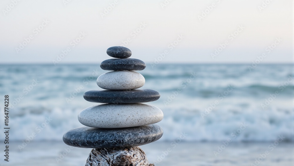 Tranquil black and white stones stacked on driftwood by the sea Tranquil black and white stones stacked on driftwood by the sea