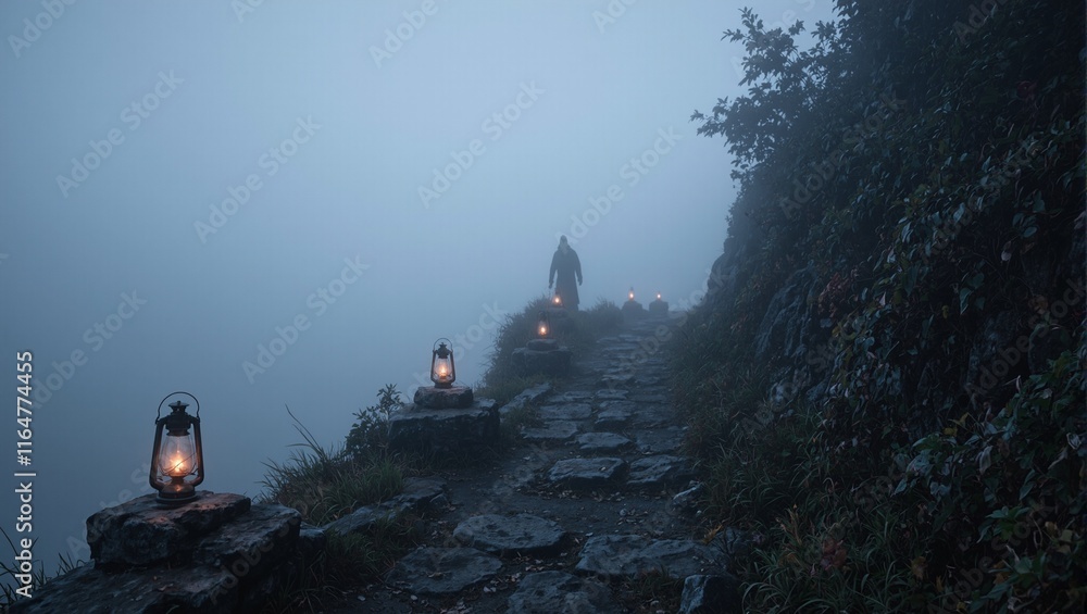 Obraz premium Mysterious figure on foggy mountain path with ancient lanterns