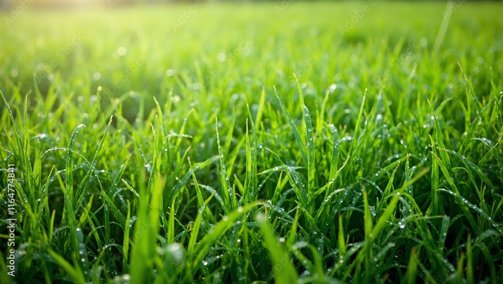 Fresh green grass with morning dew droplets vibrant and serene Fresh green grass with morning dew droplets vibrant and serene