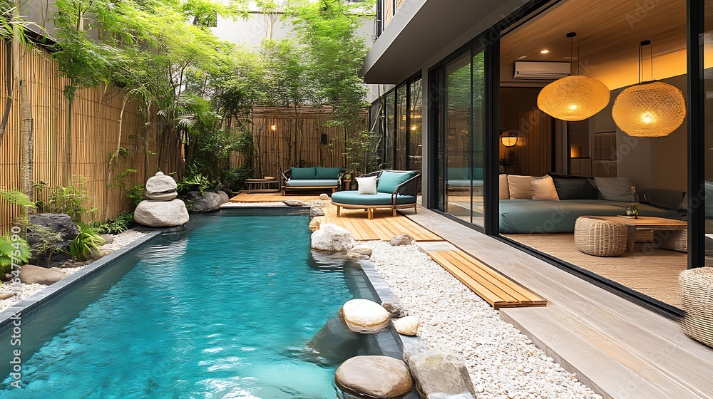 custom made wallpaper toronto digitalSerene Modern Oasis Backyard Pool Design with Lush Greenery