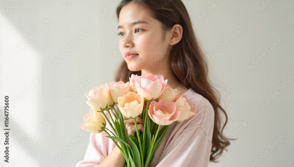 Young woman holding bouquet of pink and white flowers Young woman holding bouquet of pink and white flowers