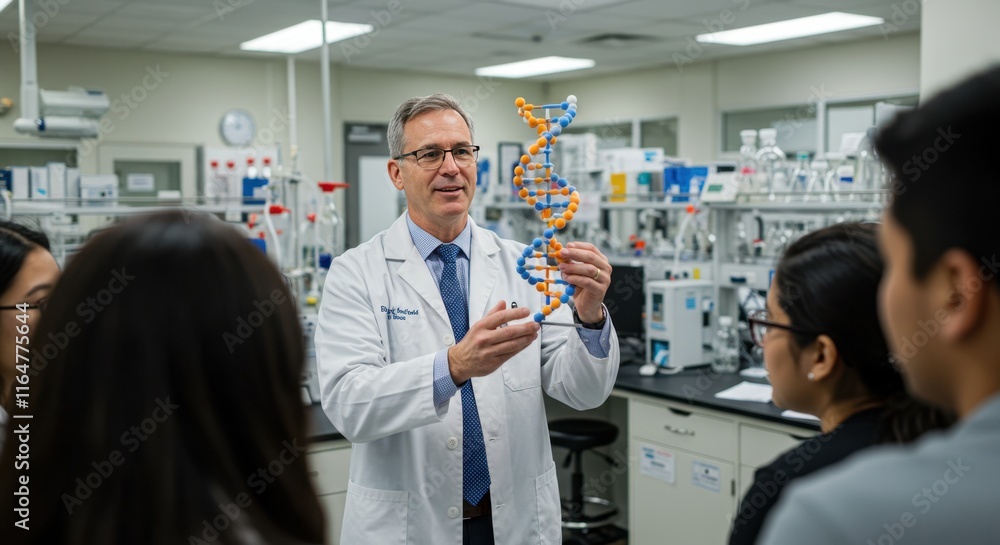 Obraz premium Scientist explains dna structure to students in a laboratory setting