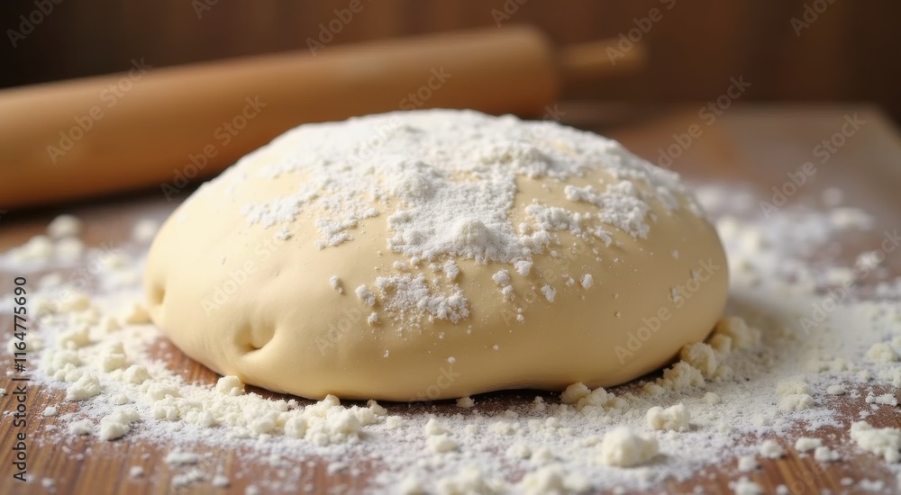 Dough on a wooden surface with a rolling pin Dough on a wooden surface with a rolling pin