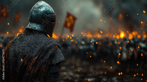 Teutonic Knight in Full Armor with Sword, Medieval Templar Warrior Standing in Battle Stance on Historic Battlefield in the Middle Ages, Dramatic Light and Historical Setting