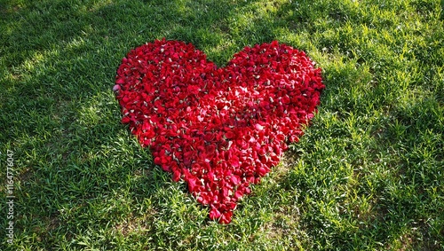 Romantic heart shaped rose petals on grass under tree shadows photo