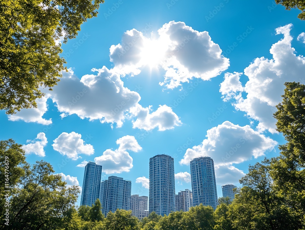 City skyscrapers rise above lush green trees under a bright sunny sky City skyscrapers rise above lush green trees under a bright sunny sky